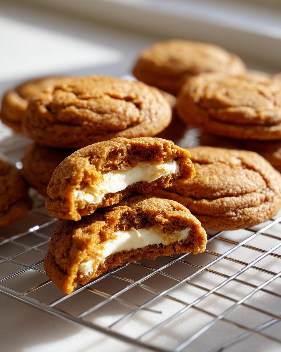 One of the pumpkin cheesecake cookies is broken in half, revealing a thick, creamy white cheesecake filling inside.
