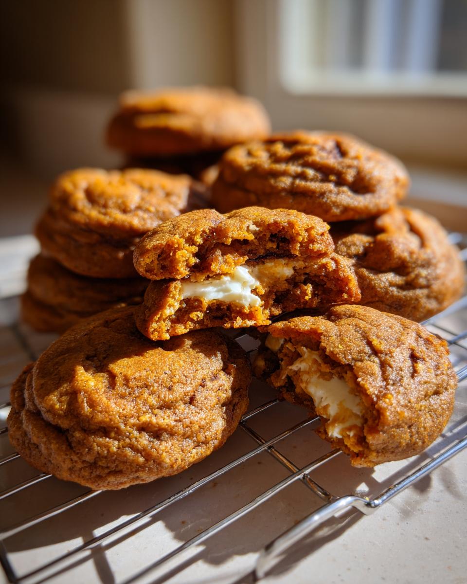 A stack of soft, orange pumpkin cheesecake cookies with one cookie broken open revealing a creamy white cheesecake filling.