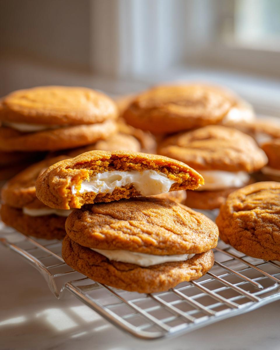 A stack of soft Pumpkin cheesecake cookies filled with creamy white frosting, one cookie broken open to show the filling.