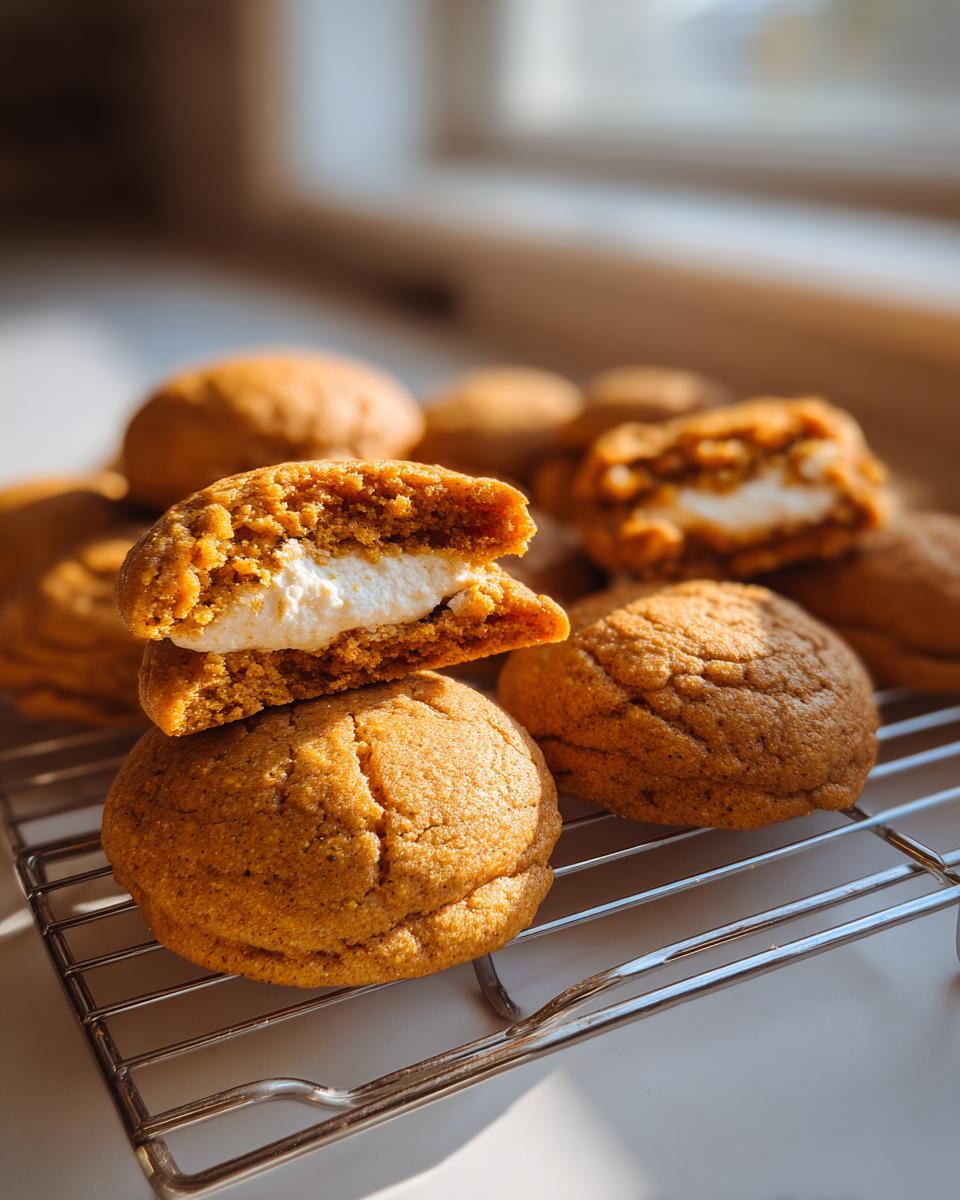 Two Pumpkin cheesecake cookies stacked, one broken open revealing a creamy white filling.