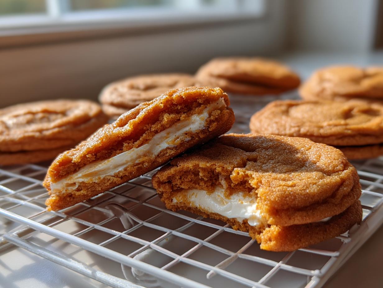 Two Pumpkin cheesecake cookies, one broken open showing the thick cream cheese filling, resting on a cooling rack.