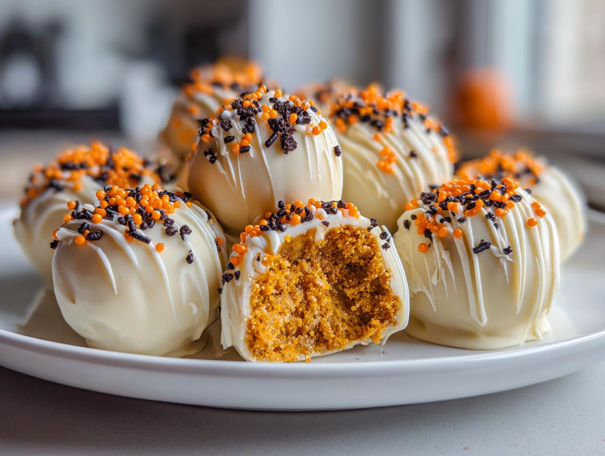 A plate of white chocolate covered Pumpkin Oreo Balls, decorated with orange and black sprinkles and white drizzle. One ball is broken in half to show the pumpkin filling.