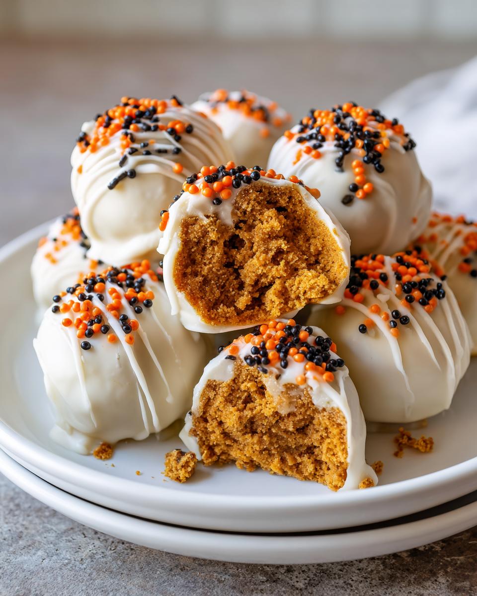 A stack of Pumpkin Oreo Balls coated in white chocolate and decorated with orange and black Halloween sprinkles. One ball is broken in half to show the pumpkin-colored interior.