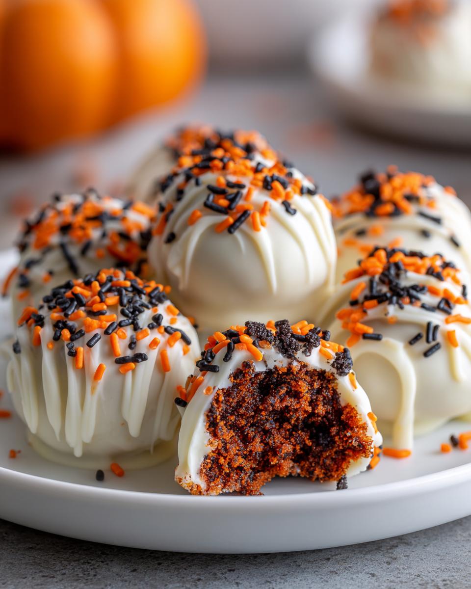 A plate of white chocolate-covered Pumpkin Oreo Balls, decorated with orange and black sprinkles, one is bitten into.