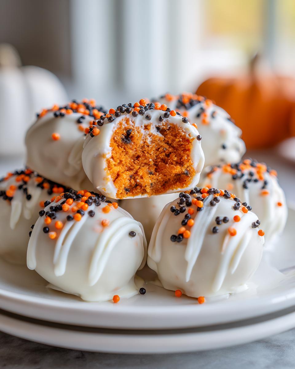 A stack of white chocolate covered Pumpkin Oreo Balls, one is broken in half revealing the orange interior and chocolate cookie pieces.