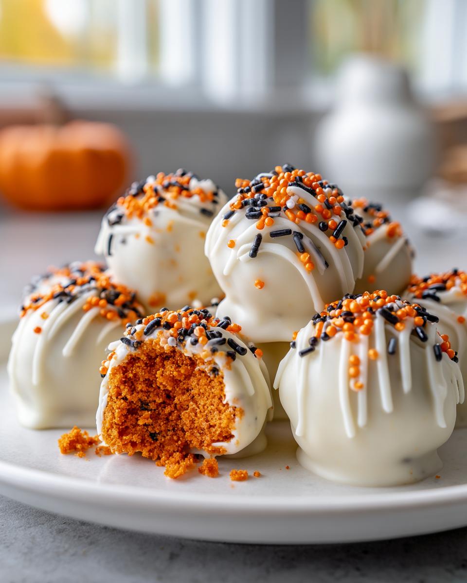 Close-up of Pumpkin Oreo Balls dipped in white chocolate and decorated with Halloween sprinkles. One ball is broken in half to show the pumpkin-orange interior.