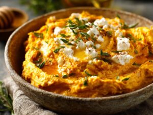 Close-up of a rustic bowl filled with vibrant Pumpkin Whipped Feta Dip, topped with crumbled feta cheese, fresh herbs, and a drizzle of olive oil.