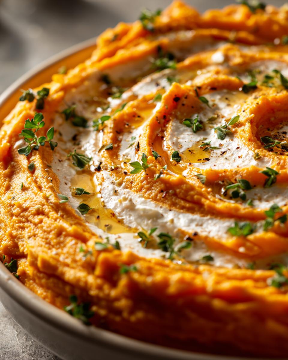 Close-up of creamy Pumpkin Whipped Feta Dip swirled in a bowl, drizzled with olive oil and sprinkled with fresh herbs.