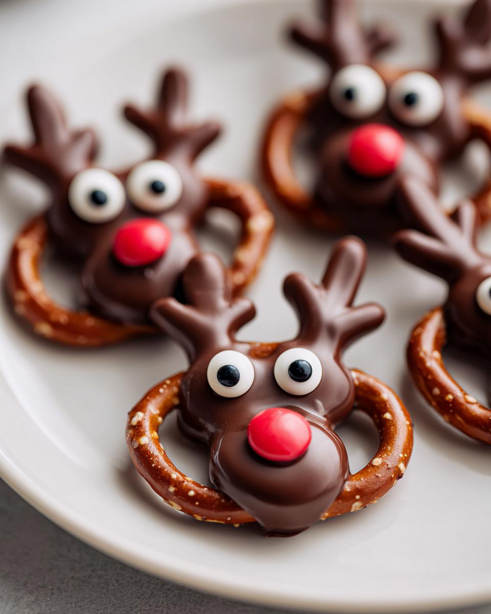 Close-up of several chocolate-dipped reindeer pretzels with candy eyes and red noses on a white plate.