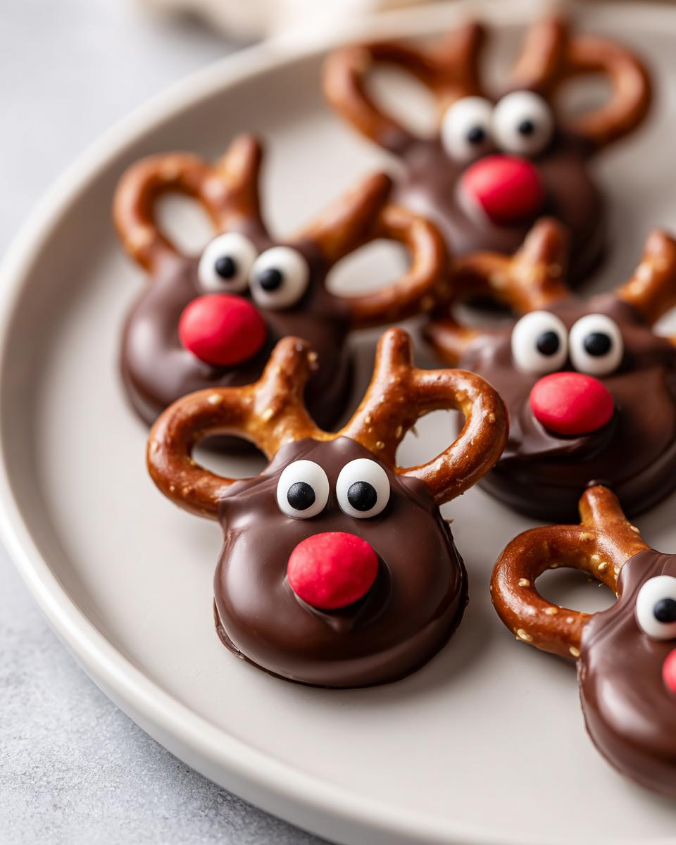 Close-up of several chocolate-dipped Reindeer Pretzels with candy eyes and red noses arranged on a light gray plate.