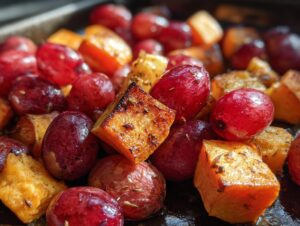 A close-up shot of roasted grapes and sweet potatoes, glistening and seasoned with herbs.