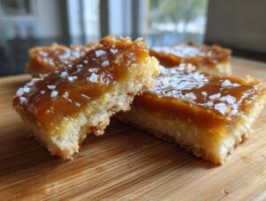 Close-up of a decadent salted caramel dessert bar, showing a thick layer of caramel and flaky sea salt on a shortbread crust.