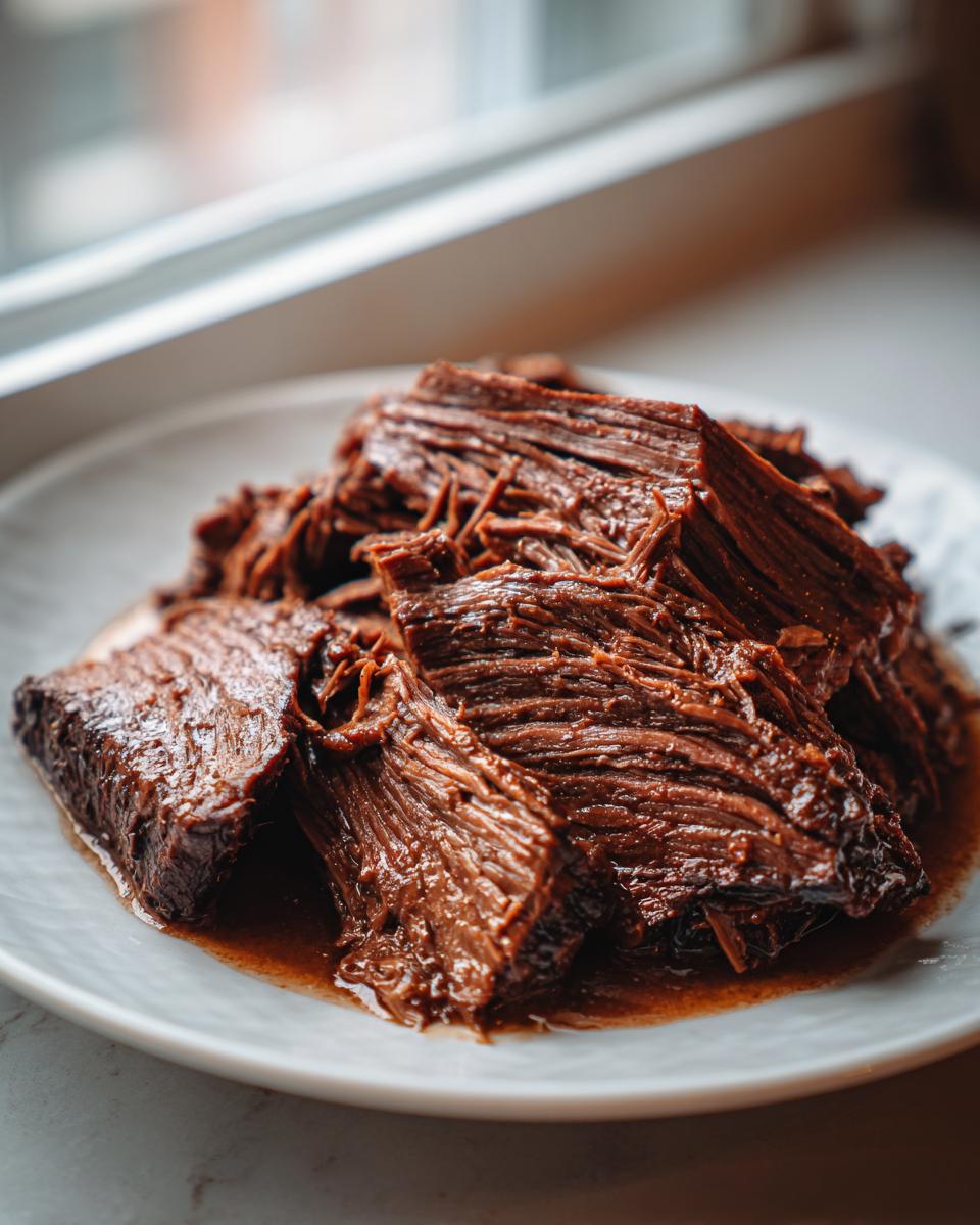 Close-up of tender, shredded Slow Cooker Beef Brisket resting in its rich juices on a light gray plate.