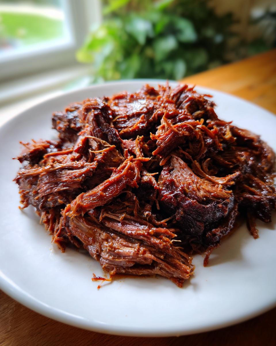 Close-up of tender, shredded Slow Cooker Beef Brisket piled high on a white plate.