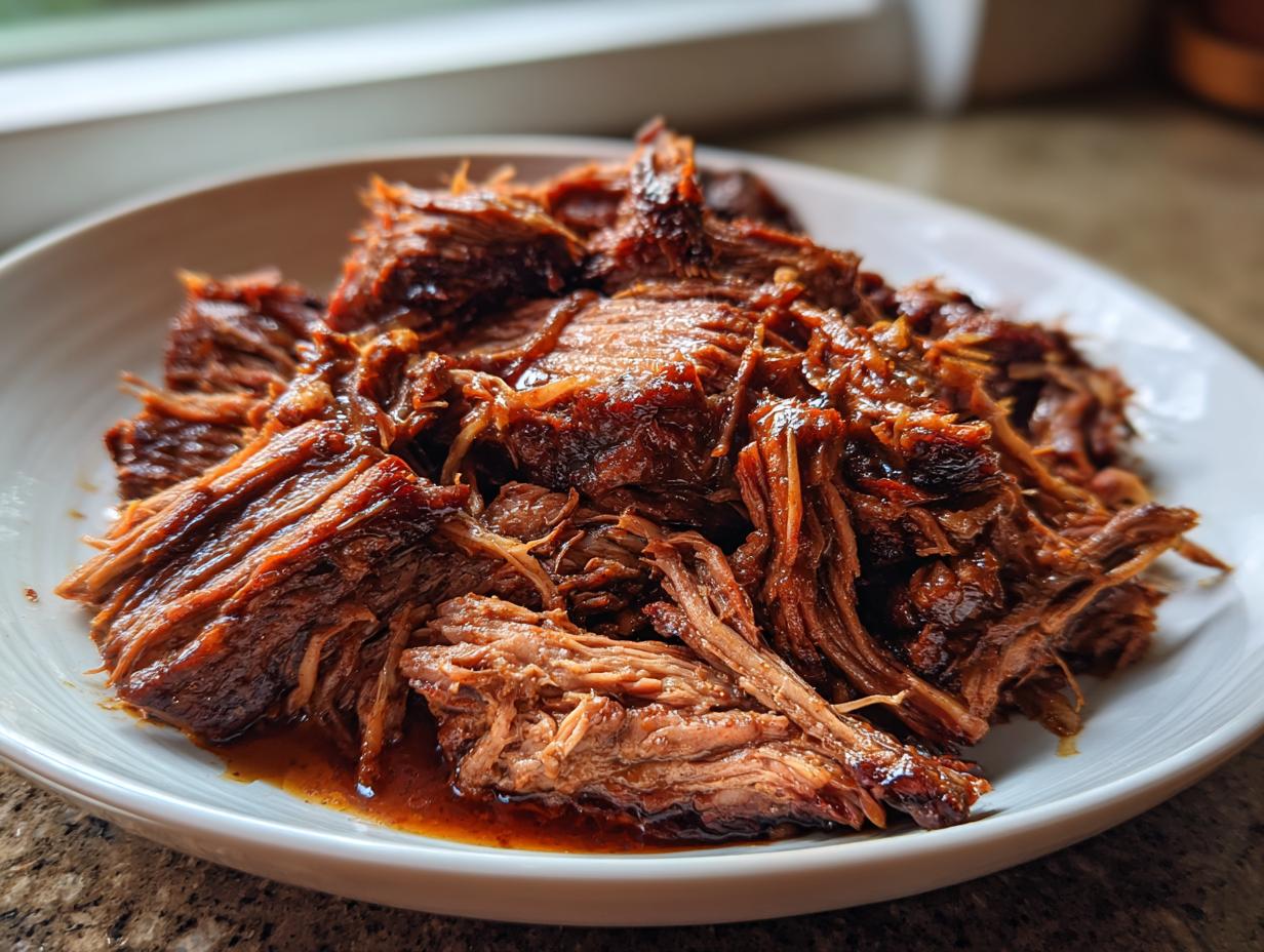 Close-up of tender, shredded Slow Cooker Beef Brisket piled high on a white plate with rich sauce.