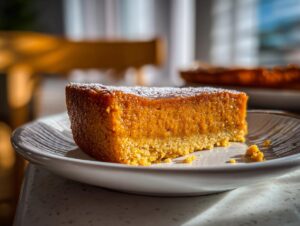 A close-up of a moist slice of pumpkin desserts dusted with powdered sugar on a white plate.