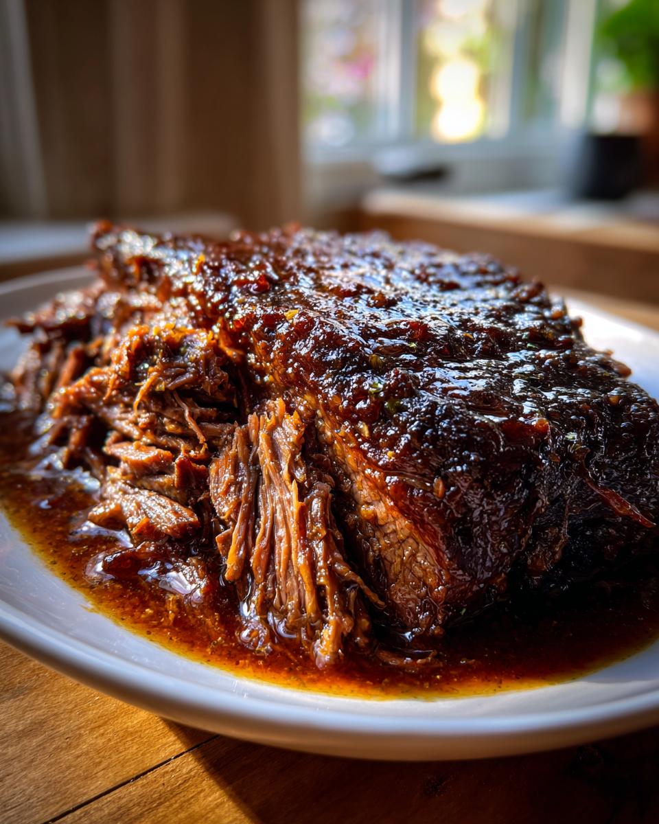 A close-up of incredibly tender, shredded Slow Cooker Beef Brisket coated in a rich, dark glaze, resting in its juices.