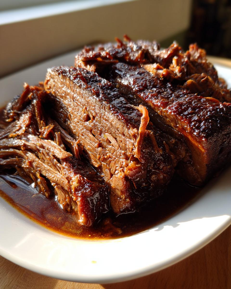 Close-up of thick, shredded slices of tender Slow Cooker Beef Brisket resting in rich, dark sauce on a white plate.