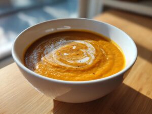 A close-up of bright orange Slow Cooker Pumpkin Soup, garnished with a swirl of cream and black pepper.
