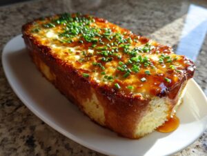 A golden-brown loaf of smoked cream cheese, topped with fresh chives and a glistening glaze.