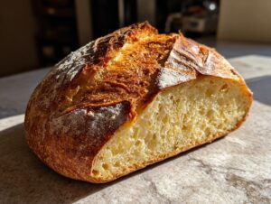 A beautifully baked sourdough unloaf bread, sliced in half to reveal its airy crumb and golden crust.
