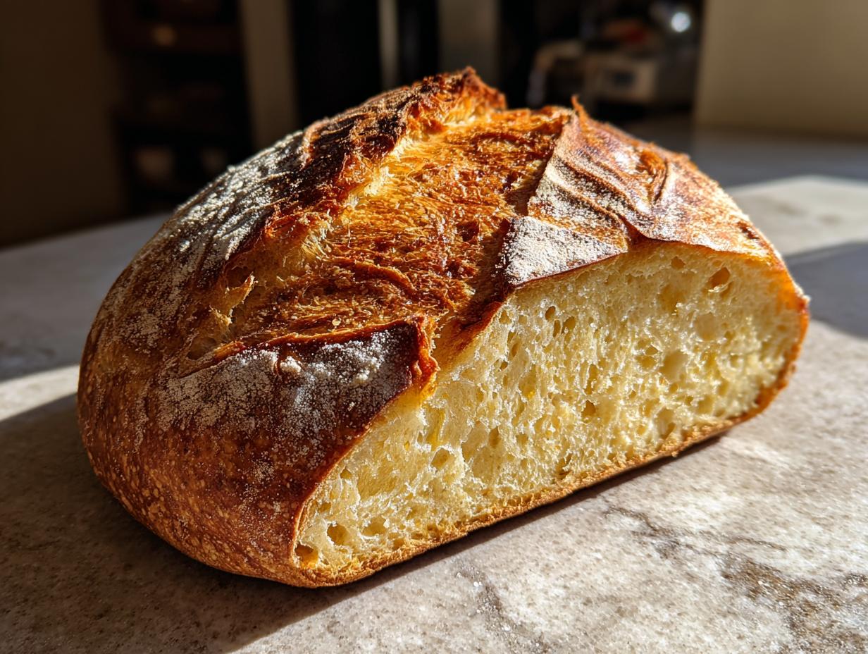 A beautifully baked sourdough unloaf bread, sliced in half to reveal its airy crumb and golden crust.