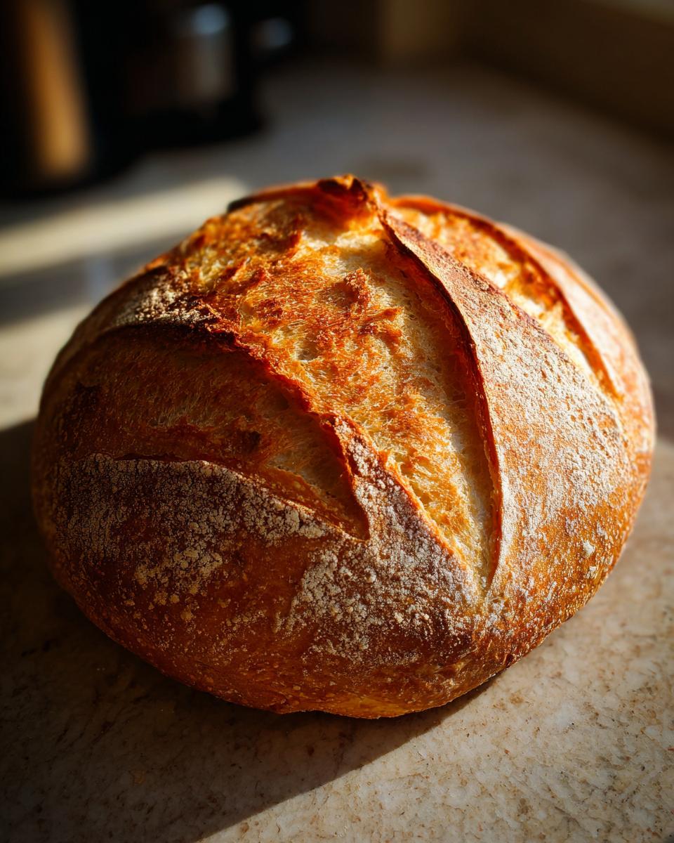 A beautiful, golden-brown sourdough unloaf bread with a scored crust, resting on a marble countertop.
