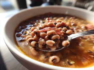 A spoonful of rich, savory Southern black eyed peas topped with bacon bits, being lifted from a white bowl.