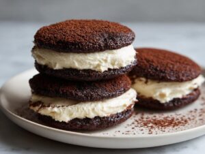 A stack of two decadent tiramisu cookies sandwiching a thick layer of white cream filling, dusted with cocoa powder.