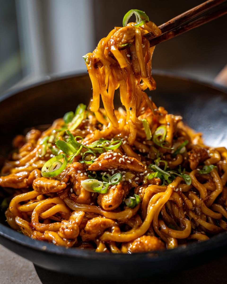 Close-up of Sticky garlic chicken noodles being lifted from a dark bowl with chopsticks, garnished with green onions.