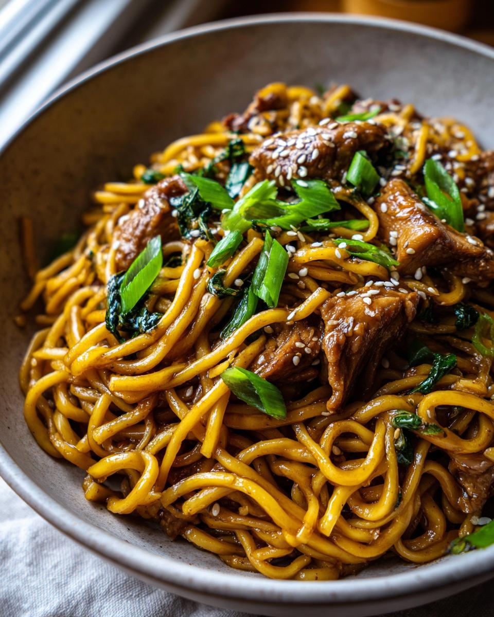 A close-up of a bowl filled with glossy Sticky garlic chicken noodles, topped with sesame seeds and green onions.