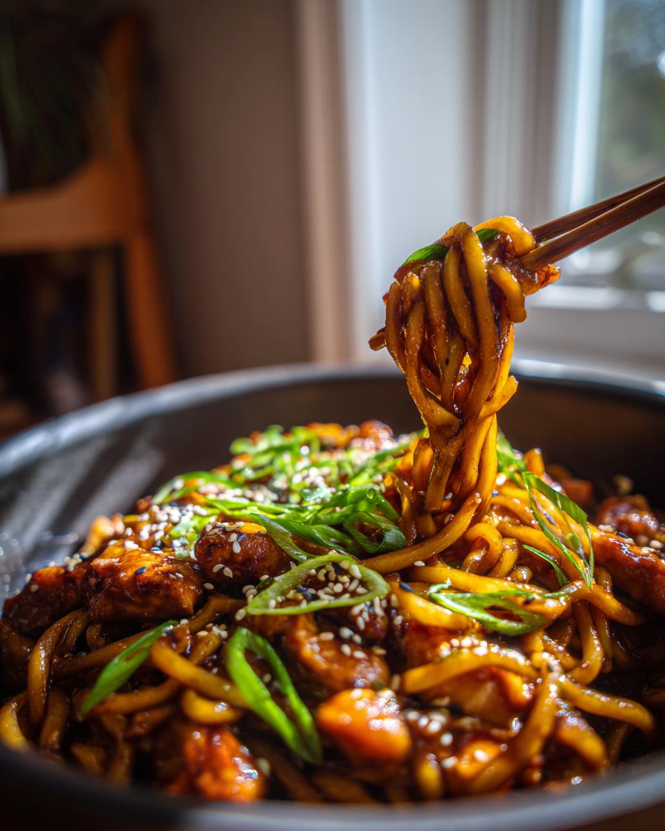 Chopsticks lifting a portion of glossy Sticky garlic chicken noodles topped with sesame seeds and green onions.
