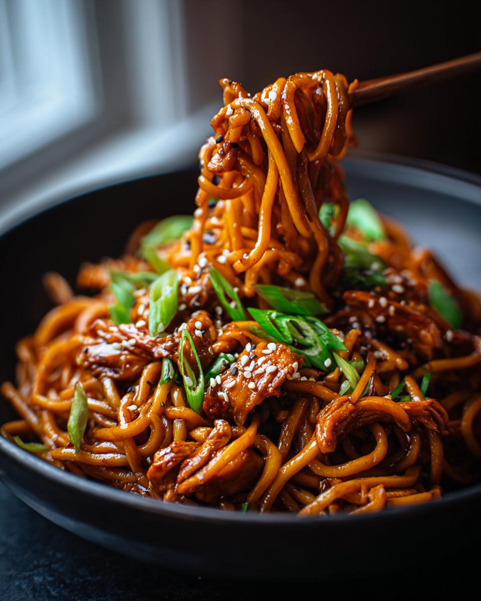 Chopsticks lifting a tangle of glossy Sticky garlic chicken noodles from a dark bowl, garnished with green onions and sesame seeds.