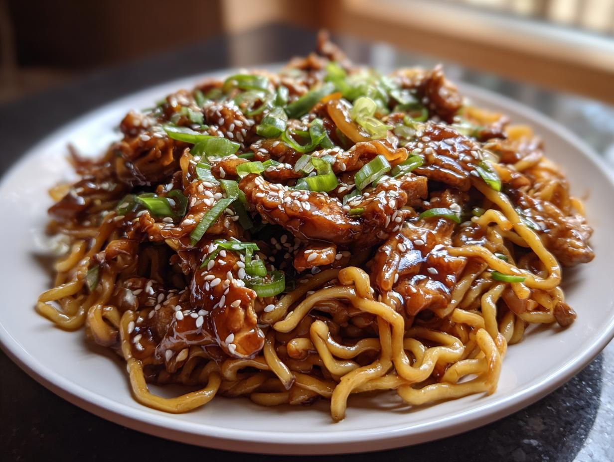 Close-up of a plate piled high with saucy, glossy sticky garlic chicken noodles, topped with green onions and sesame seeds.