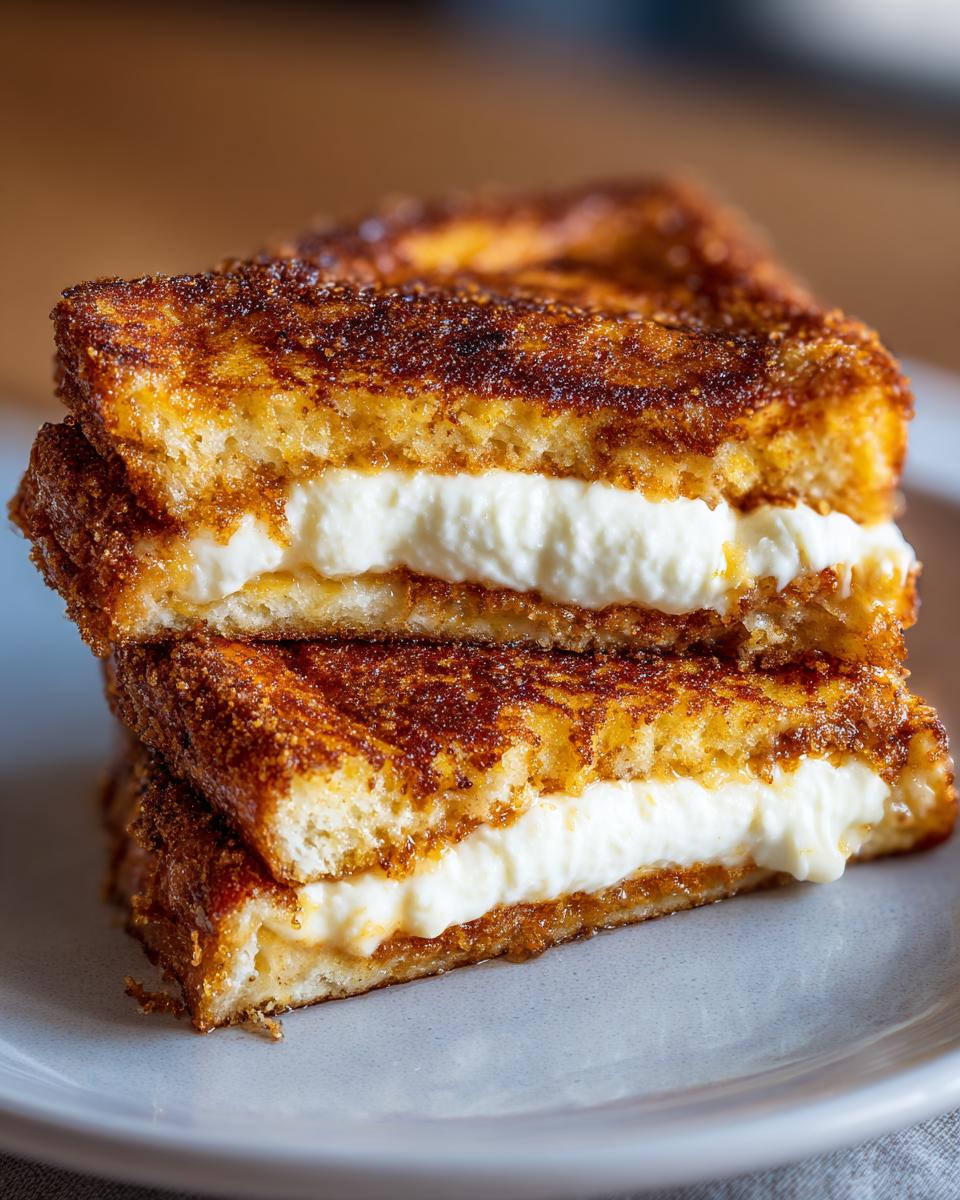 Two halves of golden brown, cinnamon-sugar coated stuffed french toast stacked, revealing a thick layer of creamy white filling.