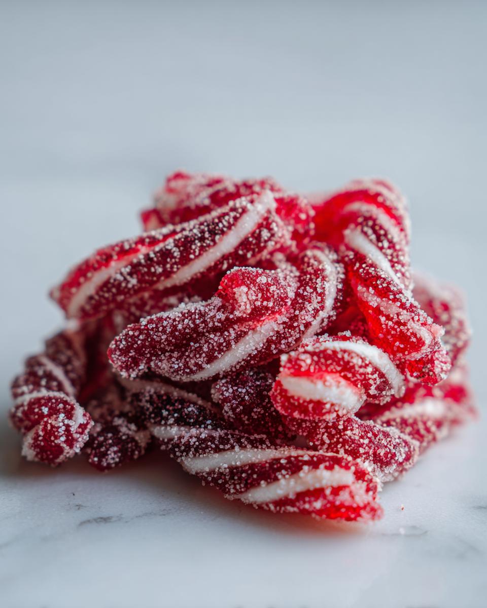 A close-up of a pile of bright red and white striped, sugar-coated candy cane fireball gummies.
