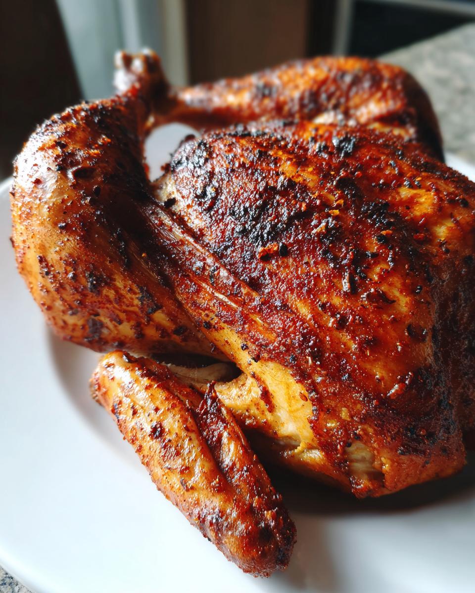 Close-up of a perfectly cooked Texas rub spatchcock smoked turkey with crispy, dark red-brown skin.