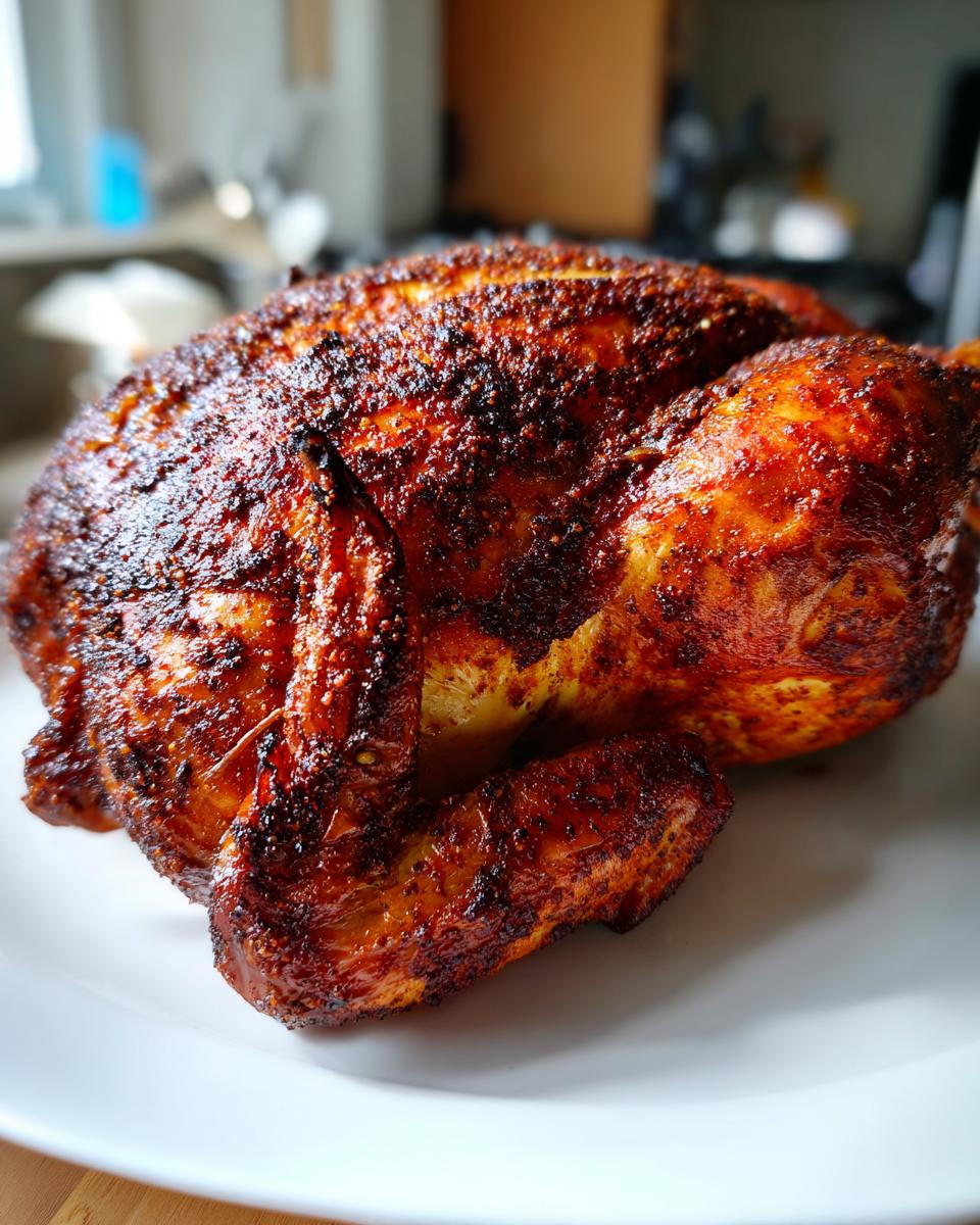 Close-up of a whole, perfectly cooked Texas rub spatchcock smoked turkey with dark, crispy skin.