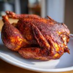 A whole, perfectly cooked Texas rub spatchcock smoked turkey with crispy, dark red skin resting on a white platter.