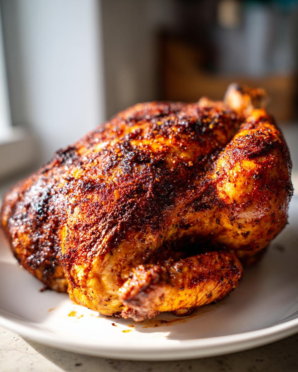 Close-up of a perfectly smoked turkey coated in a dark, rich Texas rub spatchcock smoked turkey.