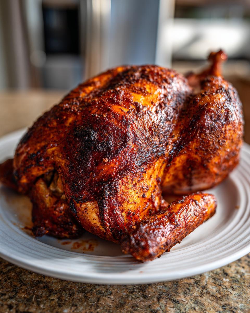 A whole, perfectly cooked Texas rub spatchcock smoked turkey with dark, crispy skin resting on a white plate.