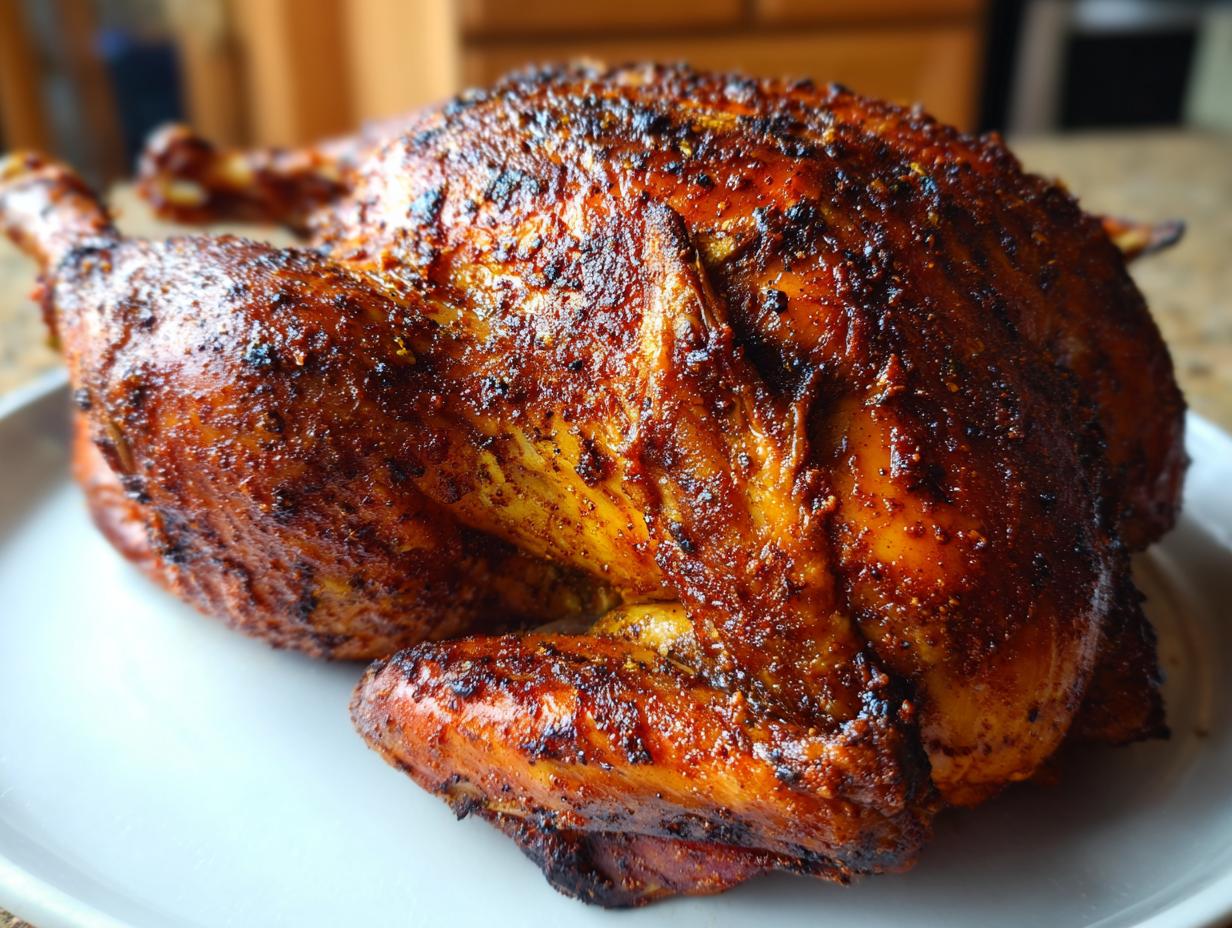 A whole, perfectly smoked Texas rub spatchcock smoked turkey resting on a white platter, featuring dark, crispy, seasoned skin.