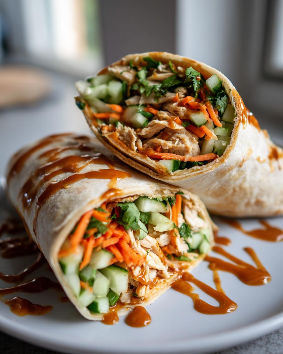 Two halves of thai peanut chicken wraps showing shredded chicken, cucumber, carrots, and cilantro, drizzled with peanut sauce.