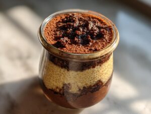 A close-up of a glass jar filled with layered tiramisu chia pudding, topped with cocoa powder.