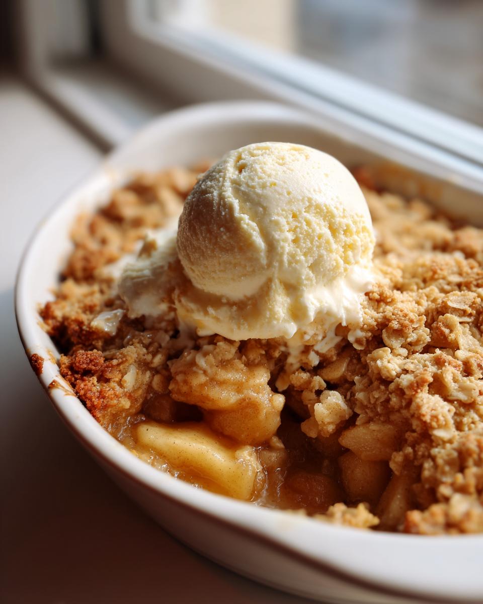 Close-up of warm apple crisp with a scoop of melting vanilla ice cream on top in a white baking dish.