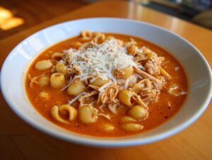 Close-up of a white bowl filled with creamy tomato broth, shell pasta, shredded chicken, topped with grated Parmesan cheese for chicken parmesan soup.