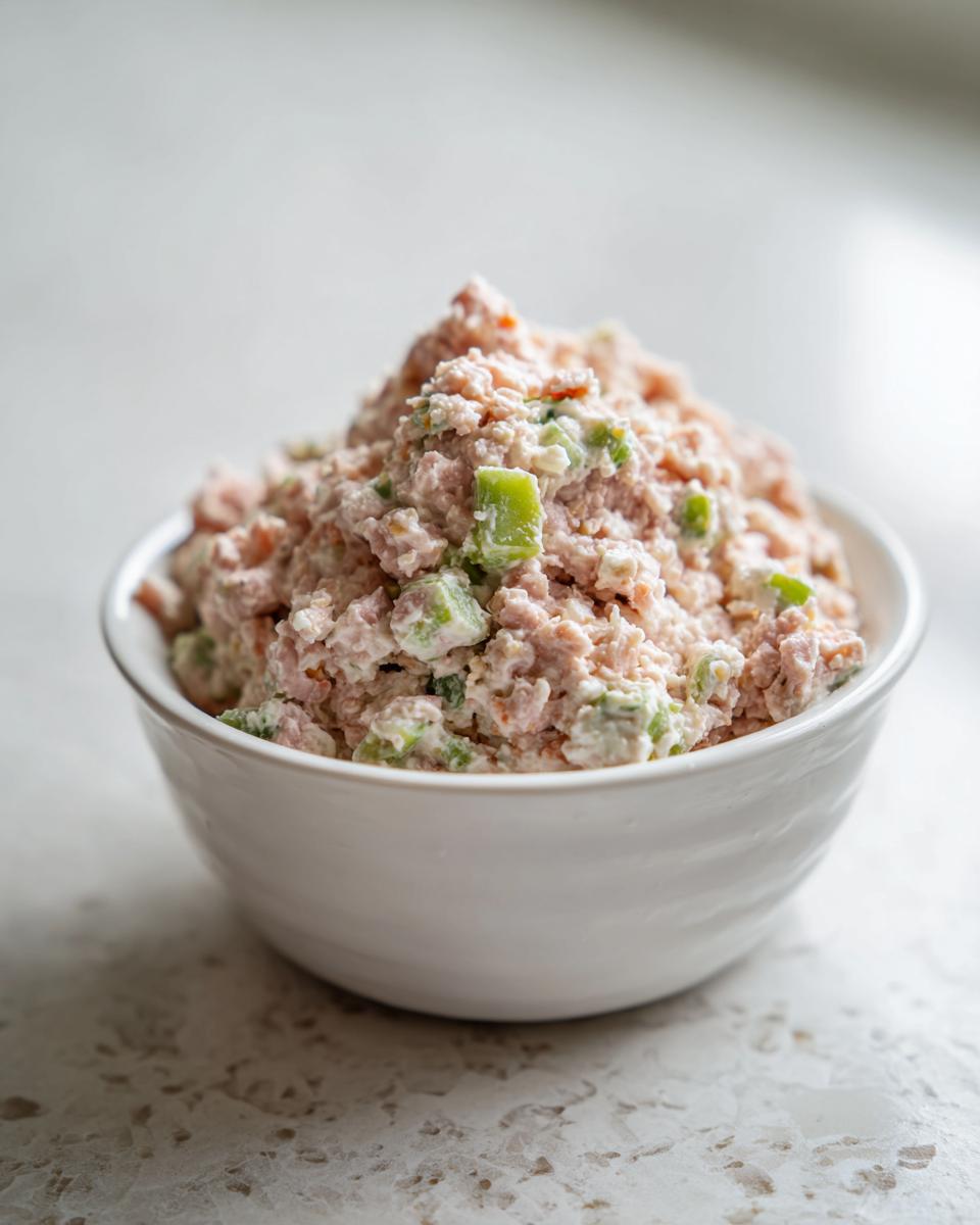 A white bowl filled high with creamy, chunky ham salad featuring visible pieces of green celery.