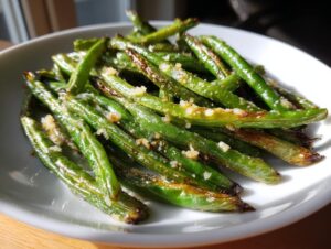 A bowl of perfectly roasted and seasoned green beans, showing slight charring and visible garlic bits.