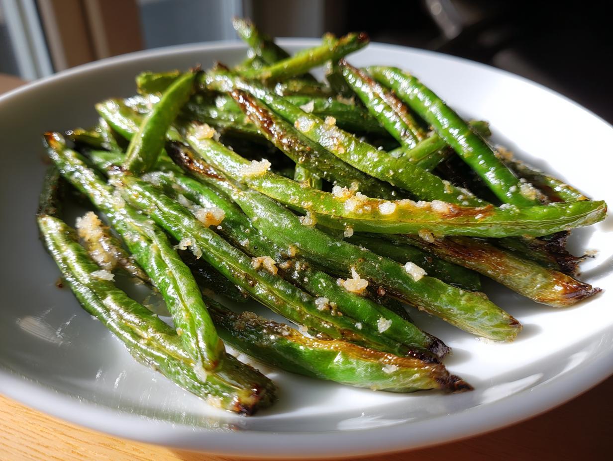 A bowl of perfectly roasted and seasoned green beans, showing slight charring and visible garlic bits.
