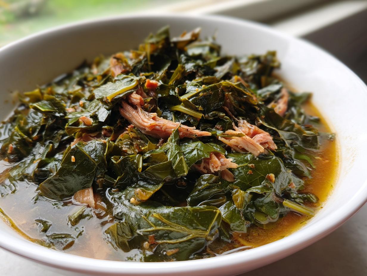 Close-up of a white bowl filled with rich, slow-cooked collard greens and shredded smoked meat.
